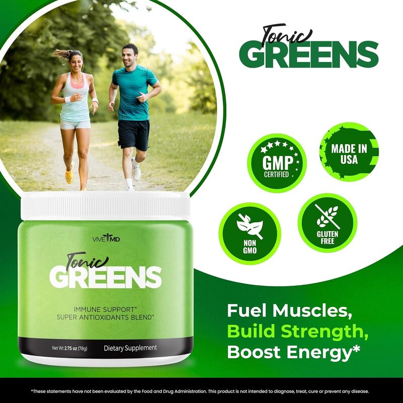 Tonic Greens product highlighted against a background of green leaves