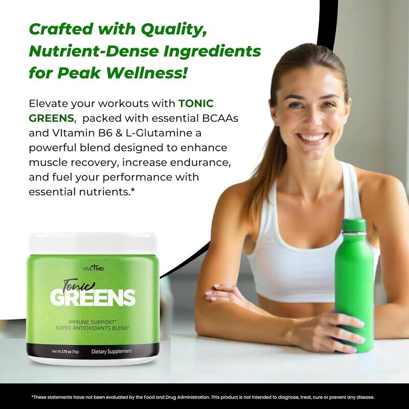 Natural ingredients of Tonic Greens, such as green leaves, fruits, and mushrooms, arranged on a table
